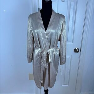 Linea Donatella Womens Metallic Champagne Robe Kimono Wrap Tie Waist Size S NWT